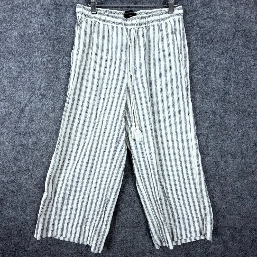 Banana Republic Wide Leg Linen Pants Women Small Black White Striped Tassel Boho
